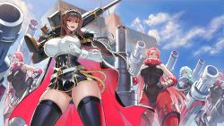 Rule 34 | breasts, brown hair, gun, large breasts, last origin, leotard, official art, rifle, royal arsenal, smile, thick thighs, thighhighs, thighs, thong, upskirt, weapon