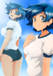 Rule 34 | 1girl, :d, absurdres, alternate costume, arm at side, arms at sides, ass, bare legs, bishoujo senshi sailor moon, blue buruma, blue eyes, blue hair, breasts, buruma, closed mouth, covered erect nipples, cowboy shot, female focus, from behind, gym shirt, gym uniform, hand on own chest, highres, large breasts, legs, looking at viewer, looking back, matching hair/eyes, mizuno ami, multiple views, nanashi noiji, neck, open mouth, sailor mercury, shirt, short hair, short sleeves, skin tight, smile, standing, t-shirt, upper body, white shirt
