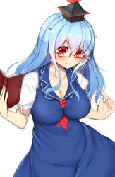 Rule 34 | 1girl, bespectacled, blue hair, blush, book, breasts, cleavage, collarbone, commentary request, daichi (tokoya), glasses, hat, highres, holding, holding book, kamishirasawa keine, large breasts, long hair, looking at viewer, puffy short sleeves, puffy sleeves, red eyes, short sleeves, smile, solo, touhou