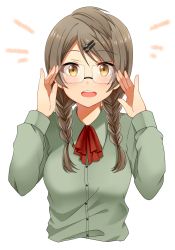 Rule 34 | 10s, 1girl, adjusting eyewear, alternate hairstyle, bespectacled, bow, braid, brown hair, glasses, hair ornament, hairclip, long hair, looking at viewer, love live!, love live! school idol festival, love live! school idol project, minami kotori, open mouth, simple background, smile, solo, tarachine, twin braids, white background