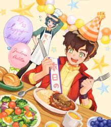 Rule 34 | + +, 2boys, :d, apron, balloon, black pants, blue eyes, blue hair, blue sweater, blueberry, bread, broccoli, brown hair, chef hat, cherry tomato, collared shirt, cup, curry, curry rice, dated, drooling, dutch angle, egg (food), flying sweatdrops, food, fork, fruit, green eyes, gundam, gundam zz, happy birthday, hat, high collar, highres, holding, holding fork, holding knife, birthday sash, jacket, judau ashta, kamille bidan, knife, long sleeves, male focus, mouth drool, mug, multiple boys, open clothes, open jacket, open mouth, orange headwear, pants, party hat, plate, red jacket, rice, salad, sash, shirt, shoulder sash, smile, softboiled egg, soup, spoon, star (symbol), sweater, table, thick eyebrows, tomato, udatsu0.i, vegetable, white apron, yellow shirt, zeta gundam
