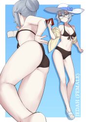 Rule 34 | 1girl, absurdres, ass, bikini, black bikini, blue background, blue eyes, book, breasts, bright pupils, closed mouth, dasdokter, front-tie bikini top, front-tie top, glasses, grey hair, hair bun, hat, highres, holding, holding book, looking at viewer, medium breasts, mole, mole under eye, multiple views, off shoulder, open book, original, single hair bun, sun hat, swimsuit, two-tone background, white background, white headwear, white pupils