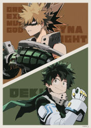 Rule 34 | 2boys, bakugou katsuki, black mask, blonde hair, bodysuit, boku no hero academia, bright pupils, character name, clenched hand, closed mouth, curly hair, detached sleeves, dokka p, eye mask, eyebrows hidden by hair, fist in hand, floating clothes, freckles, from side, gloves, green bodysuit, green gloves, green hair, hair between eyes, hand up, hands up, headgear, highres, looking at another, looking to the side, male focus, midoriya izuku, multiple boys, orange gloves, pac-man eyes, panels, parted lips, profile, red eyes, sanpaku, short hair, sideways glance, sideways mouth, sleeveless, slit pupils, smile, spiked hair, text background, two-tone gloves, upper body, white gloves, white pupils