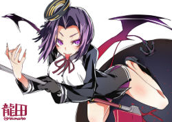 Rule 34 | 10s, 1girl, anchor, character name, demon girl, demon tail, demon wings, halo, kantai collection, mechanical halo, purple eyes, purple hair, short hair, simple background, solo, super zombie, tail, tatsuta (kancolle), tongue, tongue out, white background, wings