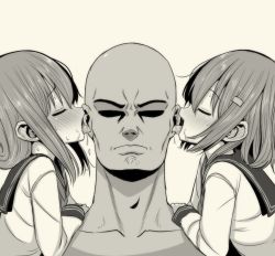 Rule 34 | 1boy, 2girls, bad id, bad twitter id, bald, blush, closed mouth, commentary request, ear licking, closed eyes, greyscale, hair between eyes, hair ornament, hairclip, highres, ikazuchi (kancolle), inactive account, inazuma (kancolle), kantai collection, licking, long sleeves, mame rakko, monochrome, multiple girls, open mouth, saliva, school uniform, serafuku, sidelocks, simple background