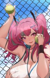 Rule 34 | 1girl, :d, absurdres, armpits, arms up, ayu (ayuyu0924), azur lane, ball, bare shoulders, blue sky, blush, grabbing another&#039;s breast, breasts, bremerton (azur lane), bremerton (scorching-hot training) (azur lane), chain-link fence, chinese commentary, cleavage, cloud, collarbone, collared shirt, commentary request, crop top, dated, day, fence, grabbing, grey hair, hair between eyes, hair intakes, hair ornament, hairclip, heart, heart-shaped pupils, heart necklace, highres, holding, holding ball, jewelry, large breasts, long hair, looking at viewer, multicolored hair, necklace, no bra, no mole, official alternate costume, open mouth, pink eyes, pink hair, shirt, sidelocks, signature, sky, sleeveless, sleeveless shirt, smile, solo, solo focus, sportswear, standing, streaked hair, sweat, symbol-shaped pupils, tennis ball, tennis uniform, trembling, twintails, two-tone hair, two-tone shirt, upper body, wet, wet clothes, wet shirt, white shirt, wristband, x hair ornament