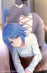 Rule 34 | 1girl, all fours, alternate costume, aqua (kingdom hearts), artist name, ass, back, blue eyes, blue hair, camilitrox cr, commission, highres, indoors, kingdom hearts, kingdom hearts birth by sleep, long sleeves, looking at viewer, mirror, reflection, short hair, smile, solo, sweater