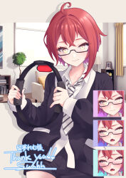 Rule 34 | 1girl, ahoge, black-framed eyewear, black jacket, black shorts, blush, character request, closed mouth, collared shirt, commission, cowboy shot, drop shadow, english text, expressions, fang, female focus, game controller, glasses, hands up, happy, holding controller, holding game controller, indie virtual youtuber, indoors, jacket, japanese text, joy-con, light blush, long sleeves, looking at viewer, mixed-language text, multiple views, necktie, nose blush, open mouth, pocket, raised eyebrows, red hair, ring-con, ring fit adventure, semi-rimless eyewear, shirt, short hair, short shorts, shorts, sidelocks, skeb commission, skin fang, smile, standing, striped necktie, suahh, sweat, thank you, translation request, virtual youtuber, white necktie, white shirt, yellow eyes
