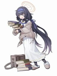 Rule 34 | 0.7 (aysatnegr), 1girl, absurdres, bag, black pantyhose, blue archive, blue hair, book, book stack, carrying, commentary request, crossed bangs, dot nose, dress, fang, frilled dress, frills, full body, halo, highres, long bangs, long dress, long hair, looking down, off shoulder, open mouth, pantyhose, purple eyes, simple background, skin fang, slippers, solo, sweat, sweater, tripping, ui (blue archive), very long hair, white background, winter clothes