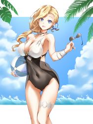 Rule 34 | 1girl, :d, absurdres, azur lane, ball, beachball, blonde hair, blue eyes, blue flower, bracelet, breasts, casual one-piece swimsuit, choker, cleavage, cloud, cowboy shot, day, unworn eyewear, flower, hair flower, hair ornament, highres, holding, holding ball, holding removed eyewear, hood (azur lane), hood (lady of the shining sun) (azur lane), jewelry, large breasts, layered swimsuit, looking at viewer, madakov kodima, official alternate costume, one-piece swimsuit, open mouth, palm tree, smile, sunglasses, swimsuit, thigh strap, tree, water