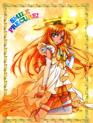 Rule 34 | 10s, 1girl, absurdres, bow-shaped hair, copyright name, crown, cure sunny, cure sunny (princess form), detached sleeves, dress, highres, hino akane (smile precure!), kawamura toshie, kneeling, legs, long hair, matching hair/eyes, non-web source, official art, orange dress, orange eyes, orange hair, orange shorts, orange skirt, orange theme, precure, rainbow text, shorts, skirt, smile precure!, solo, thighhighs, very long hair, white thighhighs, zettai ryouiki