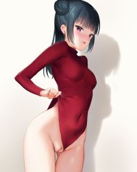 Rule 34 | 1girl, bare hips, blue hair, blunt bangs, blush, breasts, cleft of venus, clothing aside, covered navel, cowboy shot, detexted, gluteal fold, hair bun, heattech leotard, highleg, highleg leotard, highres, leotard, leotard aside, leotard lift, lifting own clothes, long sleeves, looking at viewer, love live!, love live! sunshine!!, mignon, nose blush, pink eyes, pussy, red leotard, side bun, single hair bun, small breasts, solo, thigh gap, third-party edit, tsushima yoshiko, turtleneck, uncensored