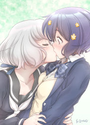 Rule 34 | 2girls, blazer, blue dress, blue hair, blue jacket, blue neckwear, blush, bow, bowtie, collared shirt, commentary request, dress, closed eyes, flower, from side, hair flower, hair ornament, hair ribbon, highres, hug, jacket, kiss, konno junko, looking at another, mizuno ai, multiple girls, neckerchief, plaid neckwear, red eyes, ribbon, shirt, short hair, short hair with long locks, silver hair, studiozombie, surprised, sweater, white neckwear, white shirt, yuri, zombie land saga