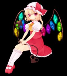 Rule 34 | 1girl, ascot, bad id, bad pixiv id, black background, blonde hair, blush, embodiment of scarlet devil, female focus, flandre scarlet, hat, ia (artist), ia (carat), laevatein, lance, mary janes, polearm, red eyes, shoes, side ponytail, sitting, skirt, socks, solo, touhou, weapon, white socks, wings