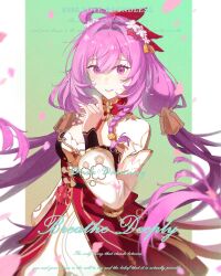 1girl absurdres bell breasts chinese_clothes chinese_commentary cleavage commentary_request dress elysia_(herrscher_of_human:_ego)_(honkai_impact) elysia_(honkai_impact) elysia_(peachy_spring)_(honkai_impact) flower hair_bell hair_flower hair_ornament highres honkai_(series) honkai_impact_3rd large_breasts long_hair long_sleeves official_alternate_costume parted_lips pink_hair puffy_long_sleeves puffy_sleeves purple_eyes red_dress solo two-tone_background very_long_hair xinjinjumin667536915684