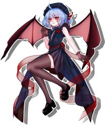 Rule 34 | 1girl, alternate costume, alternate headwear color, artist request, bat wings, black footwear, black thighhighs, blue dress, blue hair, blue hat, closed mouth, dress, dress flower, flower, gloves, hat, hat ribbon, highres, medium hair, mob cap, non-web source, official art, red eyes, red flower, red ribbon, red rose, remilia scarlet, ribbon, rose, shadow, solo, thighhighs, touhou, touhou hero of ice fairy, transparent background, wings