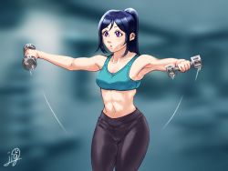 Rule 34 | 1girl, :o, artist name, artist request, bare shoulders, black pants, blue hair, blush, breasts, collarbone, dumbbell, exercising, female focus, green shirt, green tank top, hair between eyes, high ponytail, holding, long hair, looking at viewer, love live!, love live! sunshine!!, matsuura kanan, muscular, muscular female, pants, parted lips, ponytail, purple eyes, shirt, small breasts, smile, solo, sweatpants, tank top