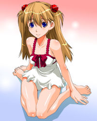 Rule 34 | 1girl, ass, bare legs, bare shoulders, barefoot, blue eyes, breasts, brown hair, covered erect nipples, facing viewer, full body, gradient background, hair ornament, highres, interface headset, knees together feet apart, lips, long hair, looking at viewer, medium breasts, neon genesis evangelion, no bra, panties, rebuild of evangelion, shinama, shiny skin, sitting, solo, souryuu asuka langley, thigh gap, toes, twintails, two side up, underwear, wariza, white panties