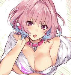 Rule 34 | 1girl, arm under breasts, bad id, bad pixiv id, blue hair, bottomless, breasts, cleavage, collar, colored tips, earrings, fang, hair intakes, head rest, idolmaster, idolmaster cinderella girls, jewelry, kanengomi, large breasts, looking at viewer, lying, multicolored hair, naked shirt, no bra, off shoulder, on stomach, open mouth, pill earrings, pink collar, pink hair, purple eyes, shirt, short hair, solo, streaked hair, white shirt, yumemi riamu