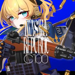 Rule 34 | 1girl, alternate costume, bad id, bad twitter id, blonde hair, blue background, blue capelet, blue eyes, blue gloves, blue vest, capelet, comiket 100, expressionless, genshin impact, gloves, gun, headset, highres, holding, holding gun, holding weapon, iwasawayuki, jean (genshin impact), ponytail, shell casing, solo, upper body, vest, weapon