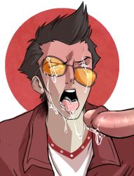 Rule 34 | 2boys, blush, booty electric, cum, cum in mouth, erection, facial, glasses, grasshopper manufacture, highres, male focus, multiple boys, no more heroes, open mouth, penis, solo focus, tagme, tongue, tongue out, travis touchdown, yaoi