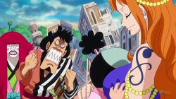 Rule 34 | 1girl, 3boys, age difference, breast smother, breasts, cleavage, dress, face to breasts, highres, kanjuro, kinemon, kouzuki momonosuke, large breasts, long hair, multiple boys, nami (one piece), one piece, orange hair, screencap, smile