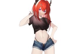 Rule 34 | 1girl, alternate costume, arknights, bad id, bad twitter id, black panties, black shirt, blue shorts, breasts, closed mouth, cowboy shot, crop top, cutoffs, denim, denim shorts, eugle na, front-tie top, hand on own hip, hand up, highleg, highleg panties, highres, horns, large breasts, long hair, looking at viewer, midriff, multi-strapped panties, navel, negative space, open fly, panties, ponytail, purple eyes, red hair, shirt, short shorts, short sleeves, shorts, simple background, smile, solo, standing, stomach, string panties, surtr (arknights), thighs, underwear, white background