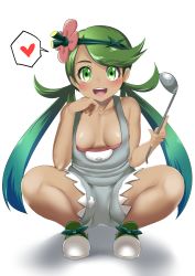 Rule 34 | 10s, 1girl, areola slip, breasts, creatures (company), dark-skinned female, dark skin, flower, game freak, green eyes, green hair, hair flower, hair ornament, heart, highres, hitotsuki nebura, ladle, long hair, mallow (pokemon), matching hair/eyes, nintendo, nipple slip, nipples, no bra, one-piece swimsuit, open mouth, overalls, pokemon, pokemon sm, shoes, shorts, small breasts, smile, solo, spoken heart, spread legs, squatting, swimsuit, swimsuit under clothes, trial captain, twintails