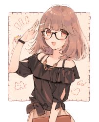 Rule 34 | 1girl, bare shoulders, blunt bangs, brown eyes, brown hair, glasses, hair ornament, horiizumi inko, jewelry, looking at viewer, necklace, off-shoulder shirt, off shoulder, original, ring, salute, shirt, sketch, smile, solo, tied shirt, upper body, x hair ornament