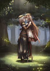 Rule 34 | 2girls, arisa (shadowverse), bad id, bad pixiv id, bare shoulders, belt, blonde hair, blush, boots, breasts, brown eyes, brown footwear, brown gloves, brown hair, cape, closed mouth, commentary, dress, elbow gloves, embarrassed, eye contact, fingerless gloves, forest, from side, full body, gloves, grass, hand on another&#039;s back, head wreath, high heel boots, high heels, highres, long hair, looking at another, losaria (shadowverse), medium breasts, multiple girls, nature, open mouth, outdoors, pointy ears, puffy short sleeves, puffy sleeves, shadowverse, short sleeves, skirt, smile, standing, stool, sunlight, thigh boots, thighhighs, tree, very long hair, white skirt, yuri, yurichtofen, zettai ryouiki