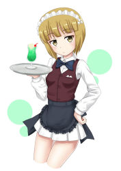 Rule 34 | 10s, 1girl, apron, bartender, black apron, black bow, black bowtie, blonde hair, blunt bangs, bow, bowtie, brown vest, circle, closed mouth, commentary, cowboy shot, cropped legs, cutlass (girls und panzer), dress shirt, dutch angle, flipper, food, frilled apron, frills, frown, girls und panzer, hand on own hip, handkerchief, holding, holding tray, ice cream, leaning forward, long sleeves, looking at viewer, maid headdress, miniskirt, pleated skirt, school uniform, shirt, short hair, simple background, skirt, solo, standing, tray, vest, waist apron, white background, white shirt, white skirt, wing collar, yellow eyes