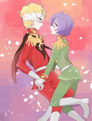 Rule 34 | 2boys, belt, black cape, blonde hair, blue eyes, cape, char aznable, epaulettes, feet out of frame, from side, frown, garma zabi, gloves, green jacket, green pants, gundam, high collar, holding another&#039;s wrist, jacket, long sleeves, looking at another, male focus, mask, meiko (hishi), military uniform, mobile suit gundam, multiple boys, pants, purple background, purple hair, red background, red jacket, red pants, short hair, simple background, smile, uniform, white belt, white gloves