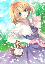 Rule 34 | 1girl, :o, absurdres, alice margatroid, apron, holding another&#039;s arm, bad id, bad pixiv id, blonde hair, blue dress, blue eyes, bow, buttons, capelet, cloud, day, dress, female focus, hair bow, hairband, highres, holding own arm, leaf, long hair, long sleeves, looking at viewer, nogi takayoshi, open mouth, petals, ribbon, sash, shanghai doll, short hair, short sleeves, sky, smile, solo, touhou, tree