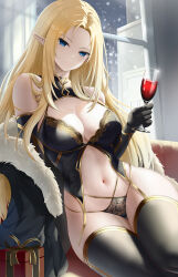 Rule 34 | 1girl, alcohol, alpha (kage no jitsuryokusha ni naritakute!), bare shoulders, black jacket, black panties, black thighhighs, blonde hair, blue eyes, box, breasts, cleavage, cup, cyicheng, detached sleeves, drinking glass, elf, fur-trimmed jacket, fur trim, gift, gift box, gold trim, jacket, kage no jitsuryokusha ni naritakute!, large breasts, long hair, looking at viewer, navel, off shoulder, panties, parted bangs, pointy ears, revision, sitting, smile, solo, thighhighs, thighs, underwear, wine, wine glass