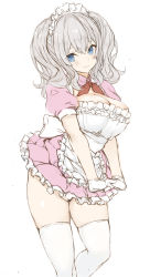 Rule 34 | 1girl, absurdres, alternate costume, apron, blue eyes, breasts, cleavage, dress, enmaided, frilled dress, frills, gloves, grey hair, highres, kantai collection, kashima (kancolle), large breasts, looking at viewer, maid, maid apron, maid headdress, neckerchief, pink dress, red neckerchief, ryo (tg290), simple background, solo, thighhighs, white background, white gloves, white thighhighs