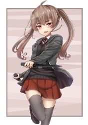 Rule 34 | 1girl, :d, ahoge, belt, black thighhighs, blush, brown eyes, collared shirt, combat knife, dual wielding, fang, highres, holding, jacket, knife, leg up, light brown hair, loafers, long twintails, looking at viewer, military jacket, miniskirt, open mouth, original, pleated skirt, red skirt, red star, ribbon, school uniform, shirt, shoes, skirt, smile, solo, star (symbol), sweater vest, thighhighs, twintails, weapon, yakob labo