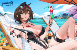 Rule 34 | 1girl, absurdres, alcohol, aqua eyes, armband, armpits, artist name, beach, beach chair, beach umbrella, black choker, black one-piece swimsuit, blue sky, blurry, blurry background, blush, bottle, bracelet, breasts, brown hair, champagne flute, chinese commentary, choker, cleavage, cloud, cloudy sky, collarbone, crazy straw, cross-laced clothes, cup, dangle earrings, dated, day, drinking glass, drinking straw, earrings, eyewear on head, feet out of frame, flower, garden01, hair between eyes, heart, heart-shaped pupils, heart choker, highleg, highleg swimsuit, highres, holding, holding cup, jewelry, knee up, large breasts, leaning back, looking at viewer, mole, mole on breast, navel, o-ring, o-ring choker, ocean, one-piece swimsuit, one eye closed, open mouth, orange flower, original, outdoors, parfait, red-tinted eyewear, shade, short hair, sitting, sky, smile, solo, strap pull, sunglasses, swimsuit, symbol-shaped pupils, thigh strap, tinted eyewear, umbrella, wet, wristband