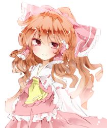 Rule 34 | 1girl, alternate hair color, ascot, bow, brown hair, detached sleeves, frilled shirt, frilled shirt collar, frills, hair bow, hair ribbon, hair tubes, hakurei reimu, highres, joou heika (precare deum), large bow, looking at viewer, red eyes, ribbon, shirt, simple background, sketch, skirt, smile, solo, touhou, white background, wide sleeves