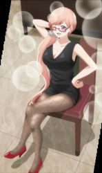 Rule 34 | 1girl, amano erika, breasts, chair, cleavage, collarbone, dress, glasses, hand on own hip, high heels, highres, kakkou no iinazuke, large breasts, long hair, one eye closed, pantyhose, screencap, sitting, smile, solo, stitched, tagme, third-party edit, wink