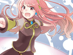 Rule 34 | 1girl, aoiyui, arm warmers, armband, belt, black shirt, black skirt, commentary, double lariat (vocaloid), headphones, long hair, megurine luka, navel, open mouth, outstretched arms, pink eyes, pink hair, shirt, short sleeves, single arm warmer, skirt, smile, solo, standing, upper body, vocaloid