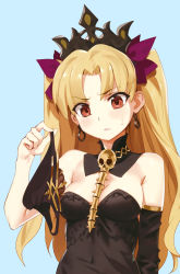 Rule 34 | 1girl, bare shoulders, black dress, blonde hair, blush, bow, breasts, cleavage, confused, detached collar, detached sleeves, dress, earrings, ereshkigal (fate), fate/grand order, fate (series), hair bow, hair ribbon, highres, holding, holding clothes, holding panties, holding underwear, hoop earrings, jewelry, long hair, medium breasts, open mouth, panties, parted bangs, red eyes, ribbon, simple background, single detached sleeve, skull, solo, sweat, third-party edit, tiara, underwear, upper body, yd (orange maru)