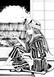 Rule 34 | 1girl, cup, fence, from side, greyscale, long sleeves, looking at viewer, looking to the side, monochrome, morisoban, original, pajamas, sakazuki, sidelocks, sliding doors, solo