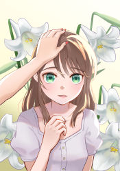 Rule 34 | 2girls, arm up, brown hair, buttons, dress, flower, for89, gradient background, green background, green eyes, hand up, headpat, highres, lily (flower), multiple girls, nail polish, open mouth, original, pov, pov hands, puffy short sleeves, puffy sleeves, red nails, short sleeves, simple background, swept bangs, v-neck, white dress