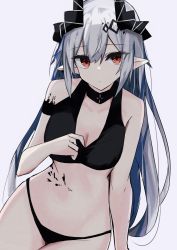 Rule 34 | 1girl, absurdres, arknights, arm strap, bare shoulders, bikini, bikini pull, black bikini, breasts, cleavage, closed mouth, clothes pull, collar, collarbone, earrings, grey hair, hair ornament, highres, horns, infection monitor (arknights), jewelry, long hair, looking at viewer, material growth, medium breasts, mudrock (arknights), navel, oripathy lesion (arknights), red eyes, simple background, sitting, solo, stomach, swimsuit, touko (toko12 tooko), very long hair, white background