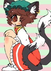 Rule 34 | 1girl, ;3, animal ears, bad anatomy, bad hands, blush, cat ears, cat tail, chen, earrings, hat, hekate (puffstool), jewelry, multiple tails, one eye closed, poorly drawn, single earring, socks, solo, squatting, tail, touhou
