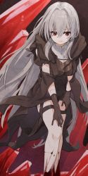 Rule 34 | 1girl, absurdres, alchemy stars, beryl (alchemy stars), black dress, black gloves, blood, breasts, cloak, cross, cross necklace, dress, feet out of frame, frown, gloves, grey hair, hair intakes, hand on own knee, highres, hood, hood down, hooded cloak, jewelry, long hair, looking at viewer, medium breasts, necklace, red eyes, solo, standing, thigh strap, tian zhi shi shi, very long hair