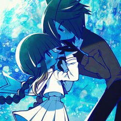 Rule 34 | 1girl, black gloves, blue background, blue eyes, blue ribbon, braid, bright pupils, brown hair, closed mouth, colored skin, couple, formal, from side, funamusea, funamusea (artist), gloves, grey hair, happy, height difference, highres, interlocked fingers, looking at another, no headwear, official art, oounabara to wadanohara, open mouth, pants, pointy ears, ribbon, sailor collar, sailor shirt, samekichi (funamusea), shirt, skirt, suit, wadanohara, white sailor collar, white shirt, white skin, white skirt