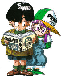 Rule 34 | 1boy, 1girl, :o, absurdres, alternate costume, bandaid, bandaid on cheek, bandaid on face, baseball cap, black eyes, black hair, book, bow, bowl cut, bowtie, brown-framed eyewear, brown footwear, child, clothes writing, company connection, creator connection, crossover, dr. slump, dragon ball, dragonball z, dress shirt, eyelashes, fingernails, full body, glasses, green bow, green bowtie, green footwear, green socks, hat, highres, holding, holding book, jacket, leaning, leaning to the side, loafers, long sleeves, looking at another, looking to the side, matching hair/eyes, norimaki arale, official art, open book, overalls, plaid, plaid jacket, purple eyes, purple hair, shirt, shoes, shorts, simple background, socks, son gohan, standing, straight hair, toei animation, toriyama akira, toriyama akira (character), white background, white shirt, wide-eyed, yellow jacket