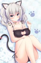 Rule 34 | 10s, 1girl, absurdres, animal ears, artist request, bare shoulders, bell, neck bell, black bra, black panties, blush, bra, breasts, cat cutout, cat ear panties, cat ears, cat lingerie, cat tail, choker, cleavage, cleavage cutout, clothing cutout, grey eyes, highres, hyurasan, jingle bell, kantai collection, kashima (kancolle), large breasts, long hair, looking at viewer, meme attire, panties, side-tie panties, sidelocks, silver hair, sitting, solo, tail, tsurime, twintails, underwear, underwear only, wavy hair