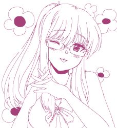 Rule 34 | 1girl, analogue: a hate story, drawfag, glasses, hyun-ae, interlocked fingers, long hair, looking at viewer, monochrome, one eye closed, own hands together, purple theme, simple background, sketch, solo, tongue, tongue out, upper body, white background